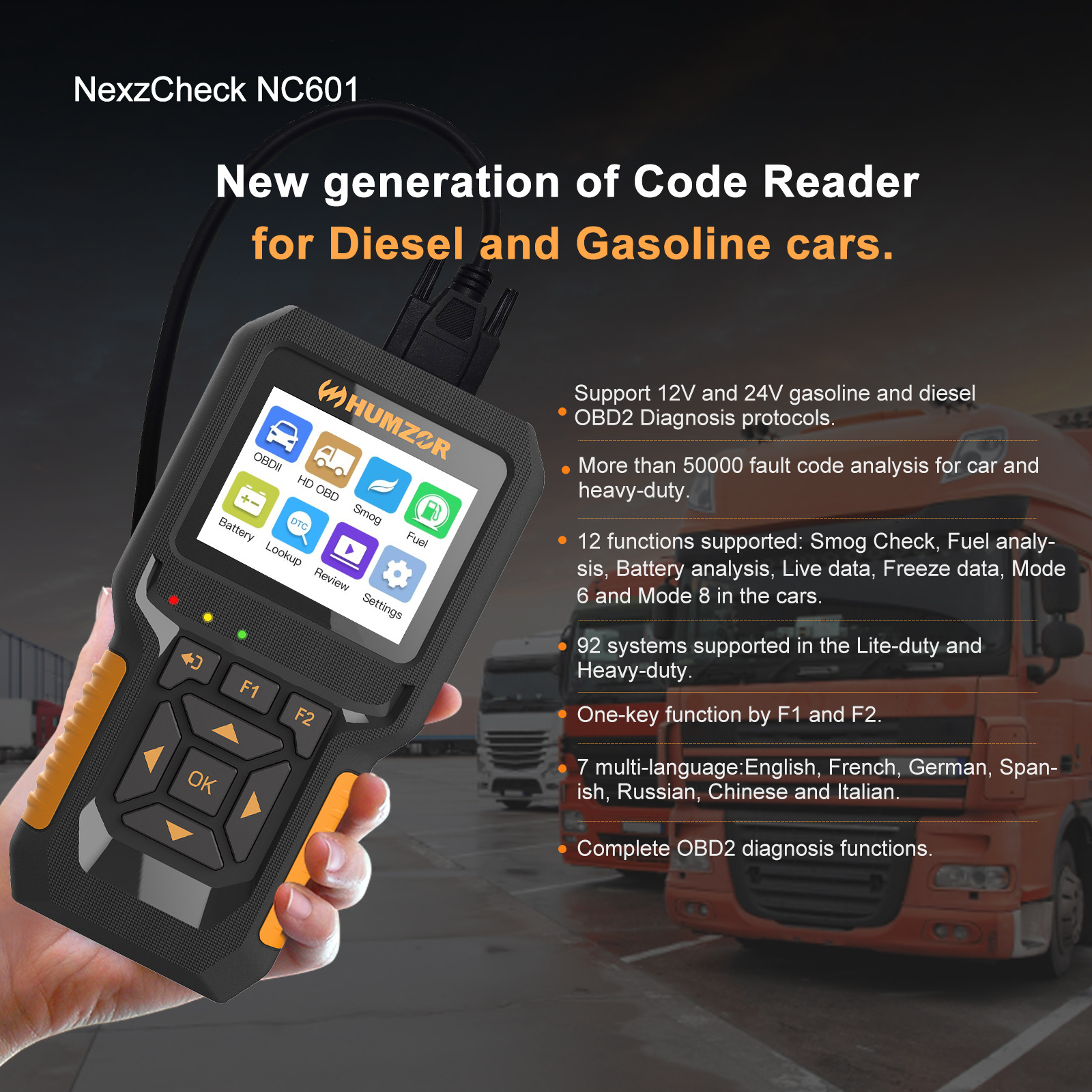 HUMZOR NC601 12V/24V Heavy Dut - Heavy Equipment Diagnostic Tool のレビューと価格